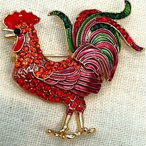 Colorful enamel and crystal Rooster Brooch